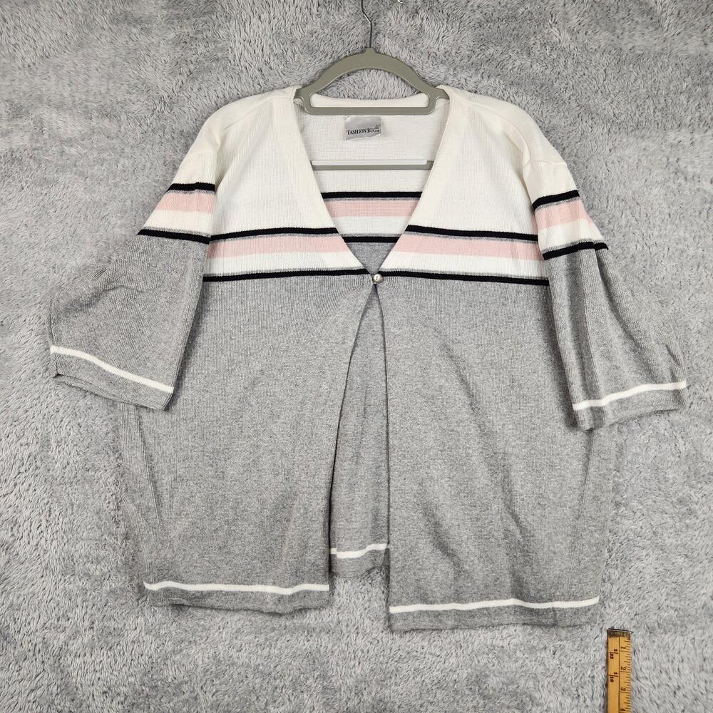 Fashion Bug Cardigan Sweater Womens 22w 24w Gray Striped 3/4 Sleeve Plus Size